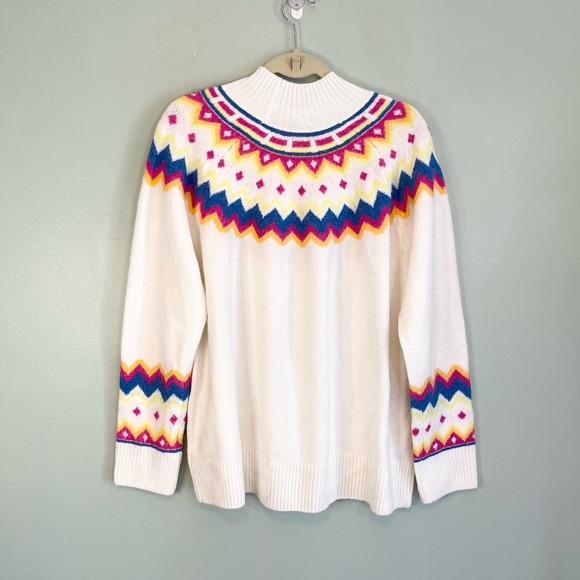 Vince Camuto Cream Fair Isle Mock Neck Knitted Winter Pullover Sweater Large - Picture 2 of 8